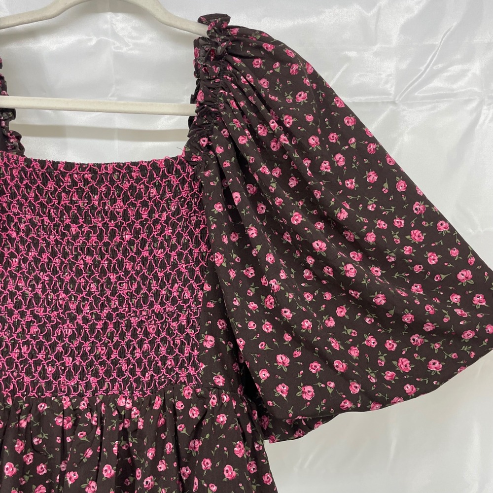 Sofie the label Size S Mini Dress Brown Pink Floral Smocked Puff Sleeve Coquette - Picture 2 of 6